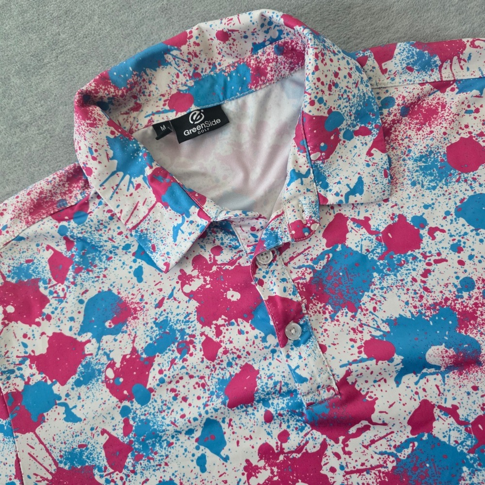 GreenSide Golf Mens Pink Blue Paint Splatter Performance Polo Shirt Size Medium